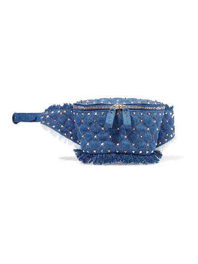 Shop Valentino Rockstud Quilted Denim Belt Bag In Blue