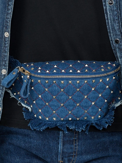 Shop Valentino Rockstud Quilted Denim Belt Bag In Blue