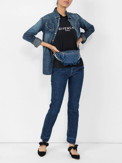 Shop Valentino Rockstud Quilted Denim Belt Bag In Blue