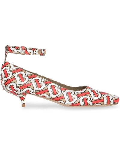 Shop Burberry Monogram Print Leather Peep-toe Kitten-heel Pumps