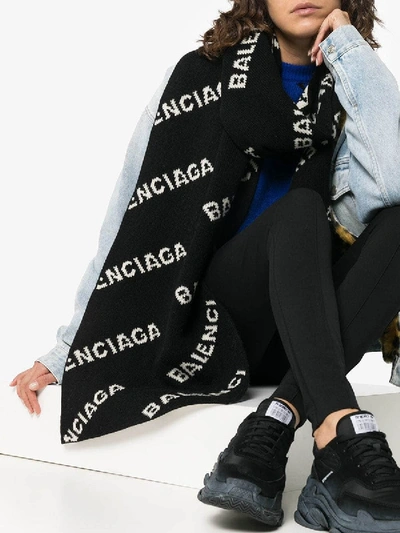 Shop Balenciaga Logo Intarsia Wool Blend Scarf