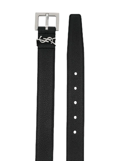 Shop Saint Laurent Pebbled Leather Monogram Belt In Black