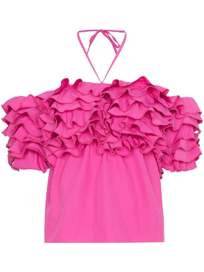 Shop Rosie Assoulin Halterneck Ruffle Top Pink