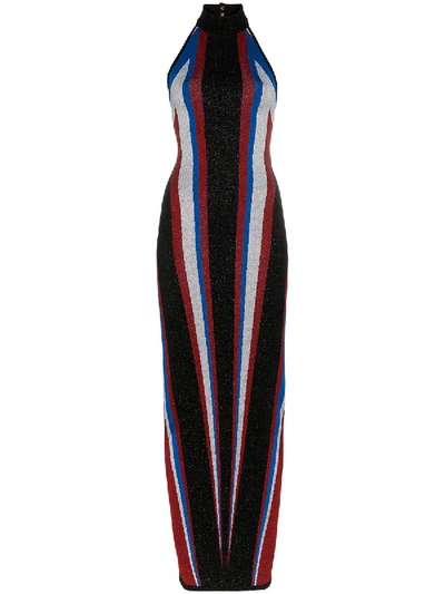 Shop Balmain Halterneck Stripe Fitted Maxi Dress