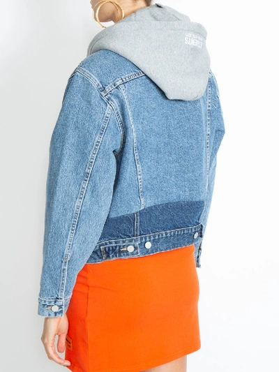 Shop Vetements Panelled Hooded Denim Jacket In Blue