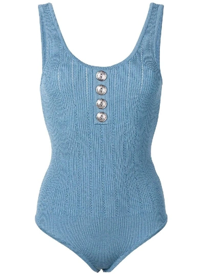 Shop Balmain Decorative Buttons Knitted Bodysuit Blue