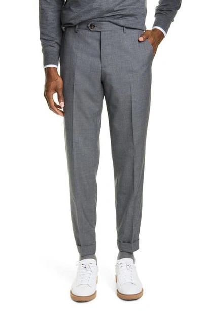 Shop Brunello Cucinelli Flat Front Solid Wool Trousers In Lead Grey