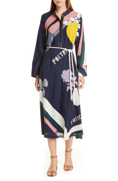 Shop Tory Burch Scarf Print Embroidered Long Sleeve Midi Dress With Rope Belt In Navy Poetry Of Things