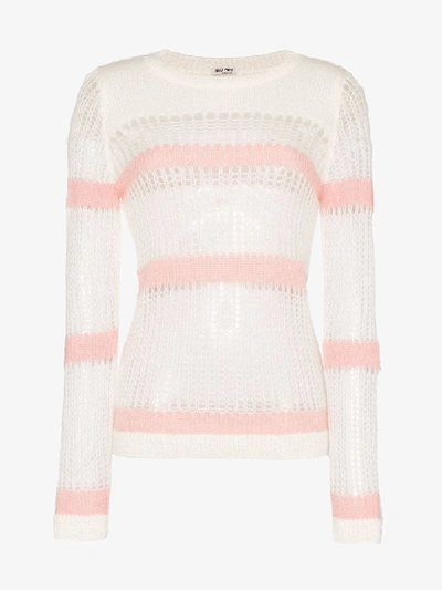 Shop Miu Miu Striped Open Knit Sweater In White
