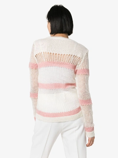 Shop Miu Miu Striped Open Knit Sweater In White