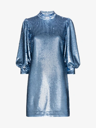 Shop Ganni Sequin-embellished Mini Dress In Blue