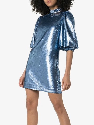 Shop Ganni Sequin-embellished Mini Dress In Blue