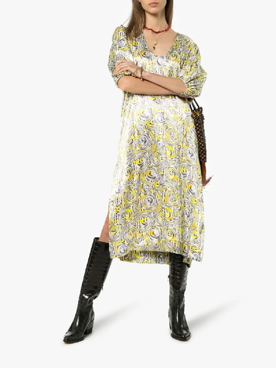 Shop Ganni Pouf Sleeve Silk Midi Dress In Yellow