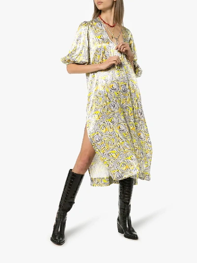 Shop Ganni Pouf Sleeve Silk Midi Dress In Yellow