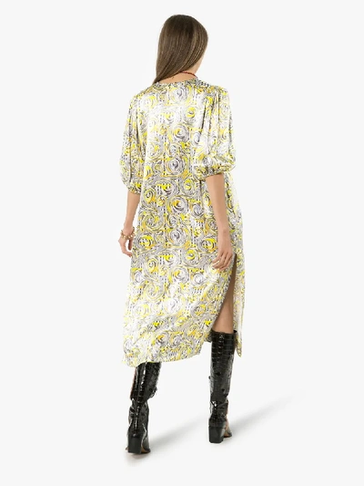 Shop Ganni Pouf Sleeve Silk Midi Dress In Yellow