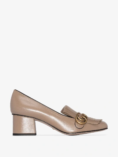 Shop Gucci Beige Marmont 55 Fringed Leather Pumps In Neutrals