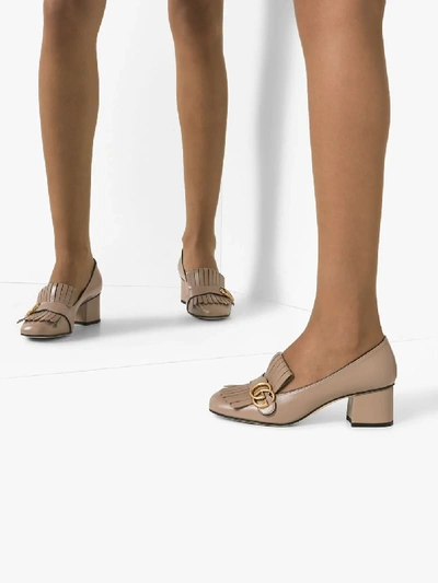 Shop Gucci Beige Marmont 55 Fringed Leather Pumps In Neutrals