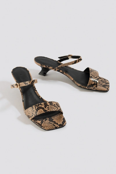 Shop Na-kd Asymmetric Heel Squared Sandals Beige In Snake