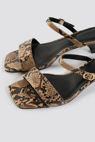 Shop Na-kd Asymmetric Heel Squared Sandals Beige In Snake