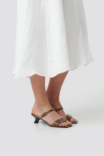 Shop Na-kd Asymmetric Heel Squared Sandals Beige In Snake