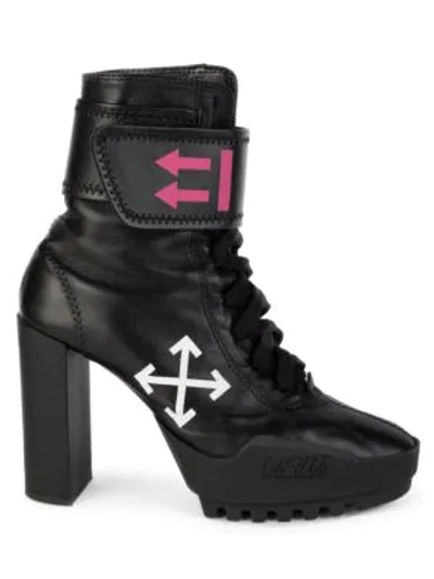 Shop Off-white Arrow Moto Ankle-wrap Leather Combat Boots In Black White