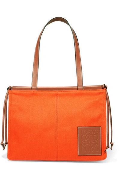 Shop Loewe Cushion Leather-trimmed Canvas Tote In Orange