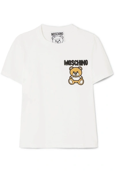 Shop Moschino Embellished Appliquéd Cotton-jersey T-shirt In White
