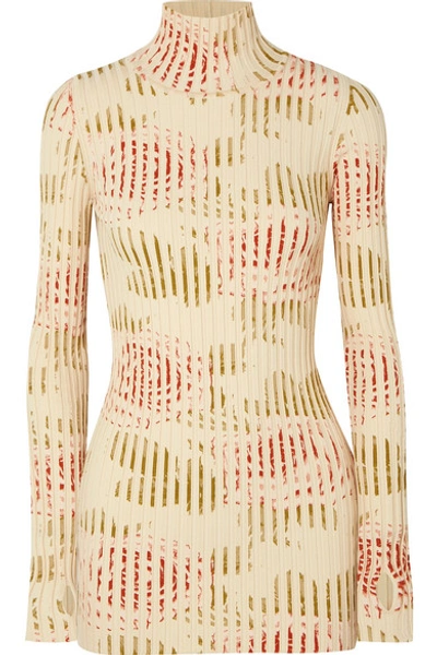 Shop Paco Rabanne Floral-print Ribbed Cotton-blend Turtleneck Top In Ivory