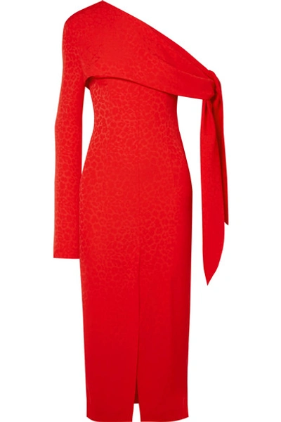 Shop Materiel One-shoulder Draped Jacquard Midi Dress In Red