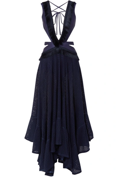 Shop Patbo Cutout Fringed Jersey And Cotton-blend Lace Maxi Dress In Navy