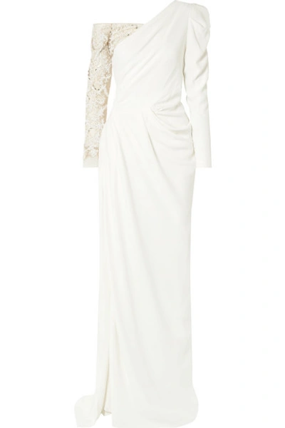 Shop Burnett New York One-shoulder Embellished Tulle-paneled Crepe Gown In Ivory