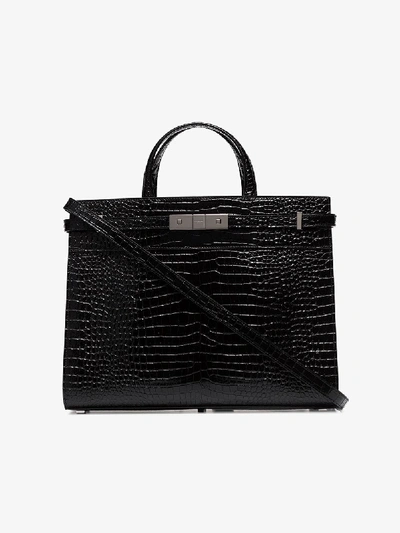 Shop Saint Laurent Black Manhattan Mock Croc Leather Tote Bag