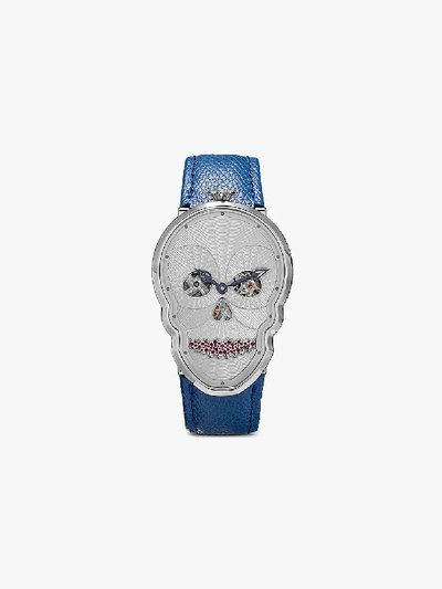 Shop Fiona Kruger Stainless Steel Petit Skull Watch In Blue/white/silver