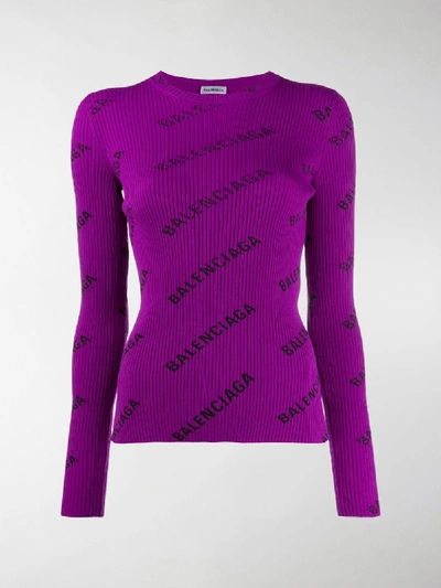 Shop Balenciaga Logo Print Ribbed Sweater In Purple