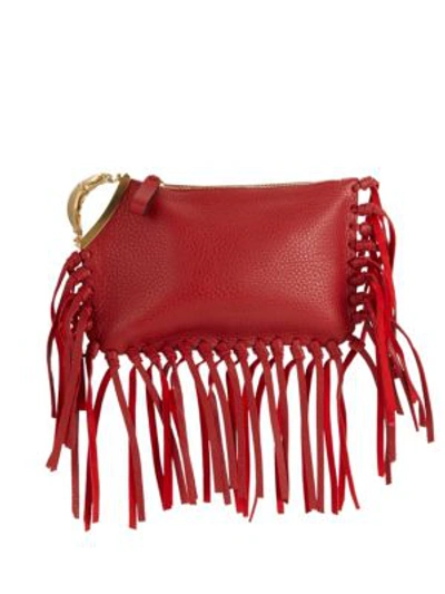 Shop Valentino Fringe Leather Clutch In Rosso