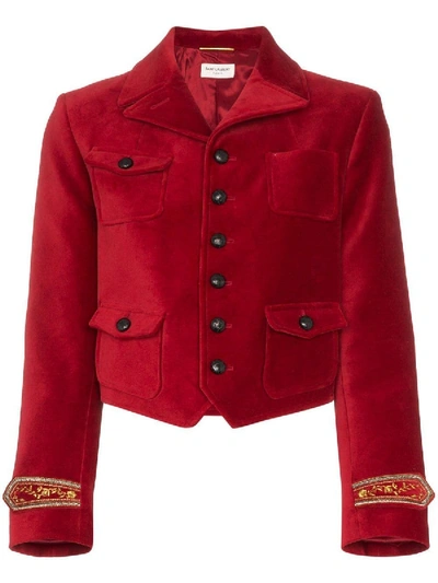 Shop Saint Laurent Cuff-embroidered Cropped Jacket In Red