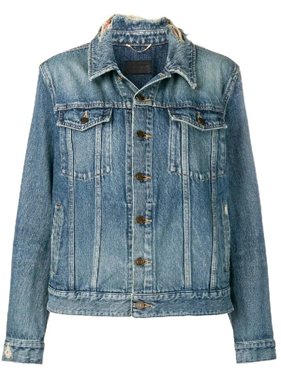 Shop Saint Laurent Frayed Collar Denim Jacket In Blue