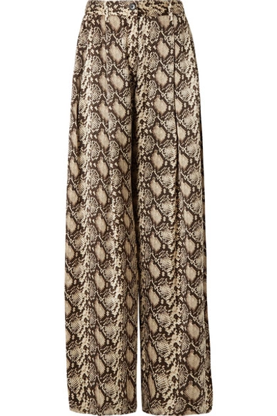 Shop Nili Lotan Adalene Snake-print Silk-charmeuse Wide-leg Pants In Brown