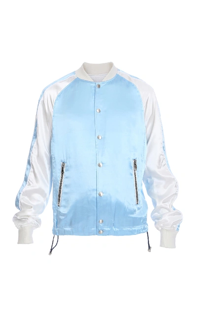 Shop Balmain Printed Satin Bomber Jacket In Blue