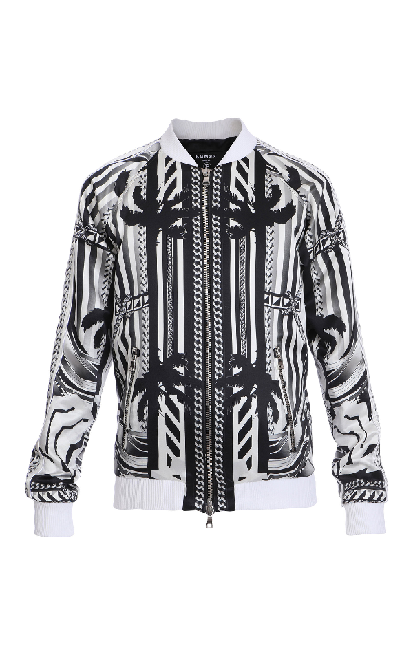 Balmain Printed Silk Bomber Jacket In Black/white | ModeSens