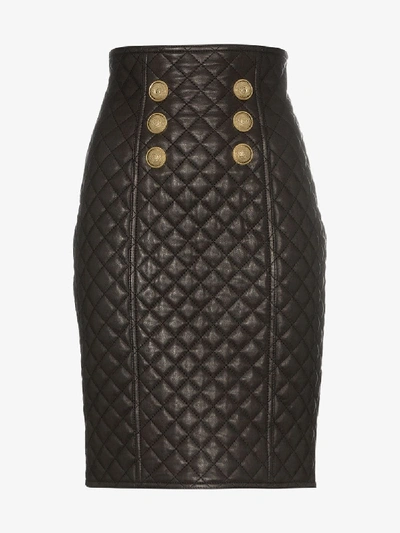 Shop Balmain Quilted Leather Skirt In Black