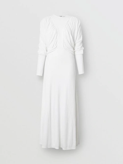 Shop Burberry Ruched Panel Jersey Gown In White