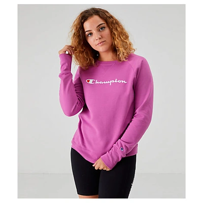 Shop Champion Women's Powerblend Script Logo Crew Sweatshirt In Pink / Purple