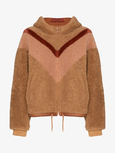 Shop See By Chloé Chevron Stripe Reversible Shearling Coat In Brown