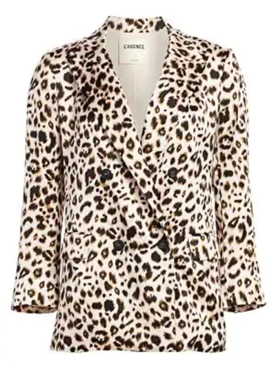 Shop L Agence Taryn Leopard Silk Double-breasted Peak Lapel Blazer In Abstract Quartz Multi