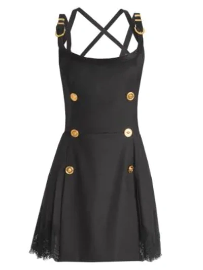 Shop Versace Buckle-strap Wool-blend Apron Dress In Black
