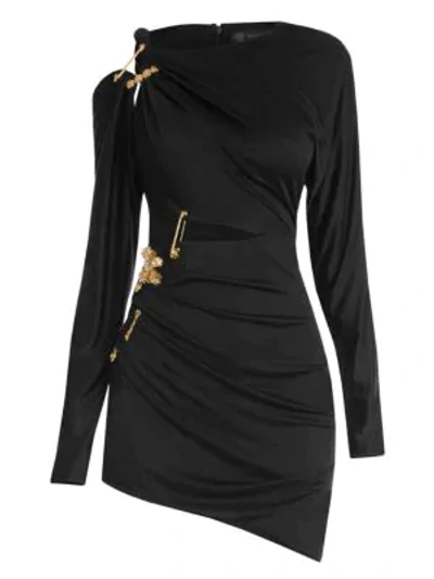 Shop Versace Jersey Cutout Safety Pin Mini Dress In Black