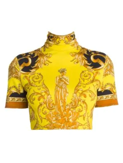 Shop Versace Femme Baroque Highneck Jersey Crop Top In Caramel Yellow