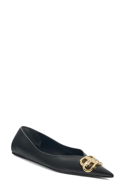 Shop Balenciaga Bb Logo Pointy Toe Flat In Black/ Gold
