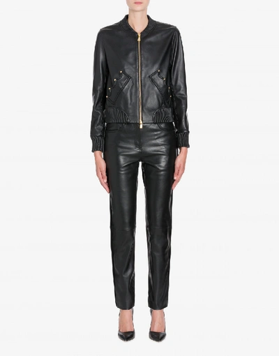 Shop Boutique Moschino Leather Biker With Crown Pockets In Black